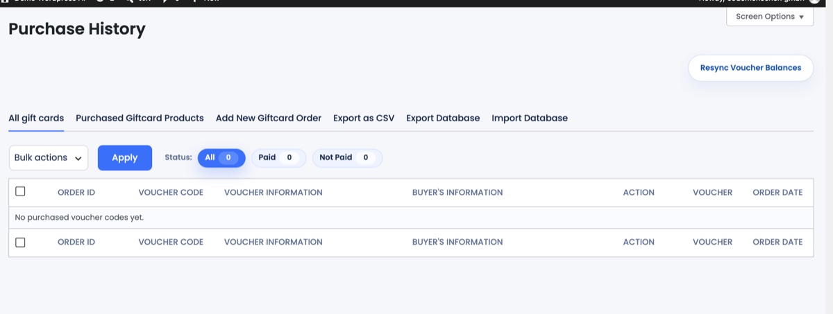 Purchase History with its tabs: All gift cards, Purchased Giftcard Products, Add New Giftcard Order, Export as CSV, Export/Import Database
