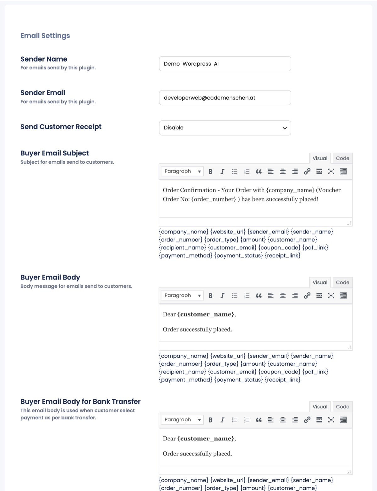 The Email Settings tab with sender fields and the buyer email editors