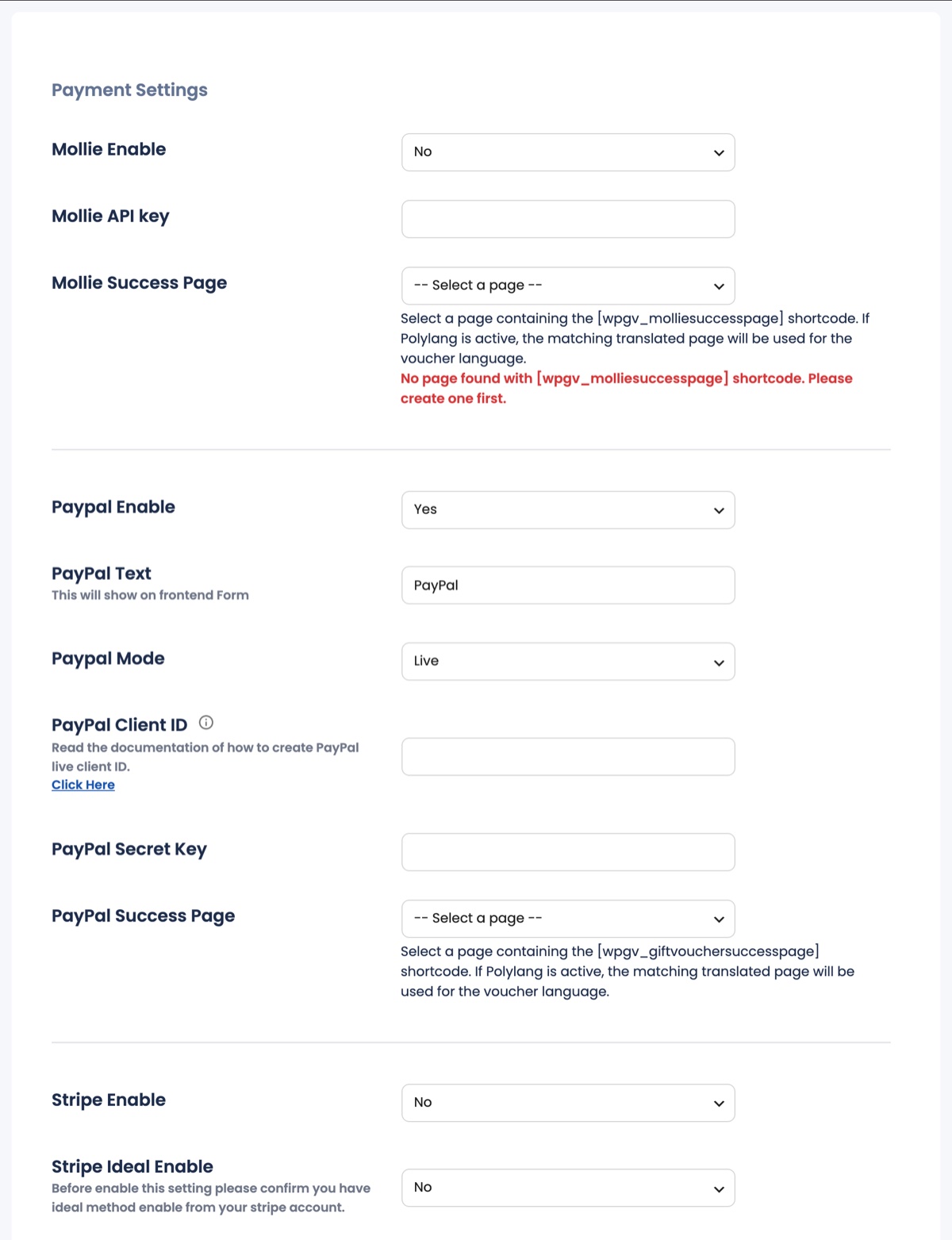 The Payment Settings tab with the Mollie, PayPal and Stripe sections