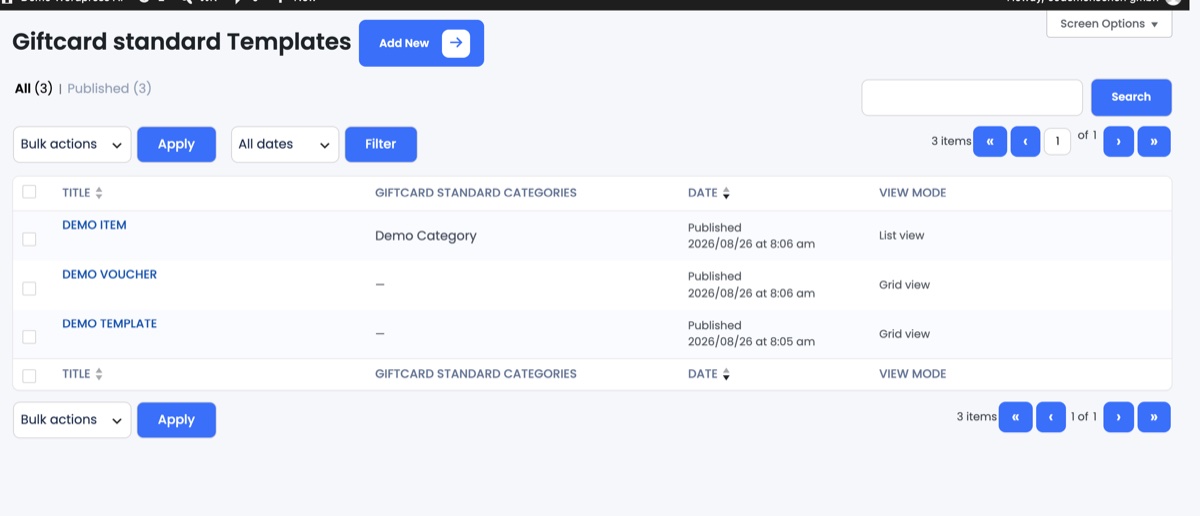 The Giftcard standard template list with categories, date and view mode