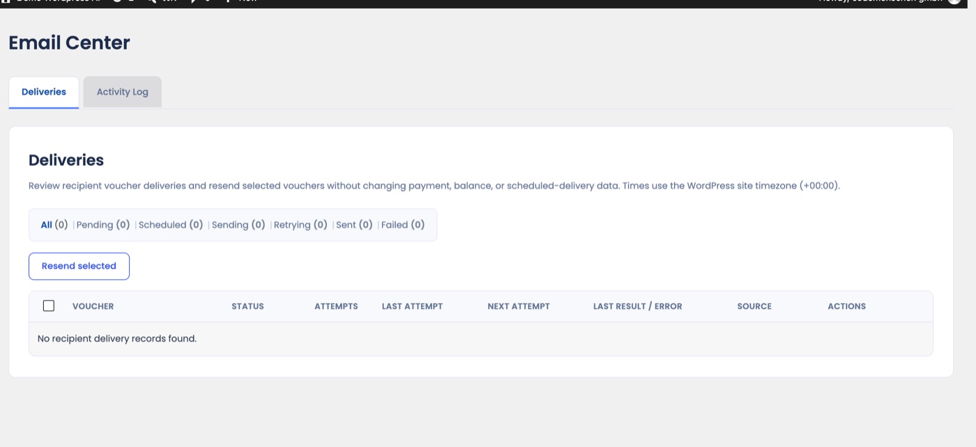 The Email Center lists recipient deliveries with status, attempts and a Resend button