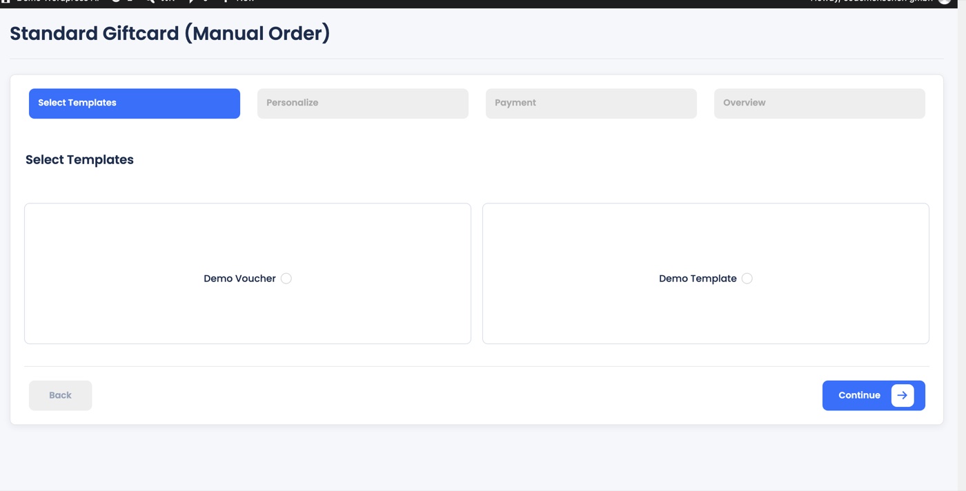The manual order wizard: Select Templates, Personalize, Payment, Overview