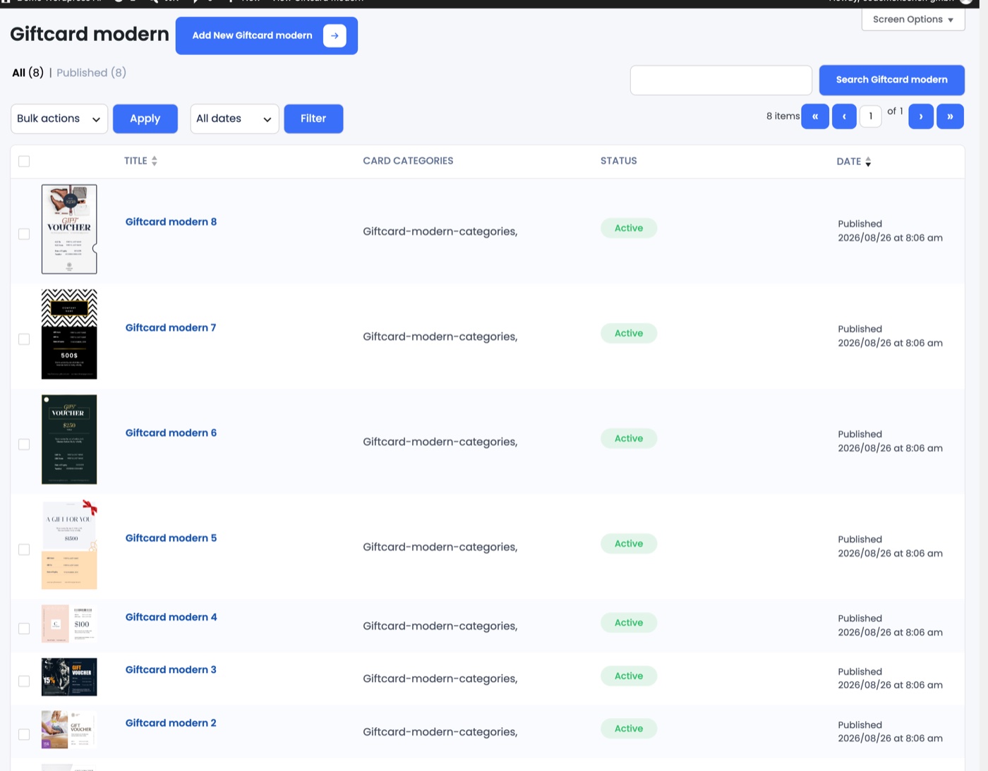 The Giftcard modern template list in the WordPress admin