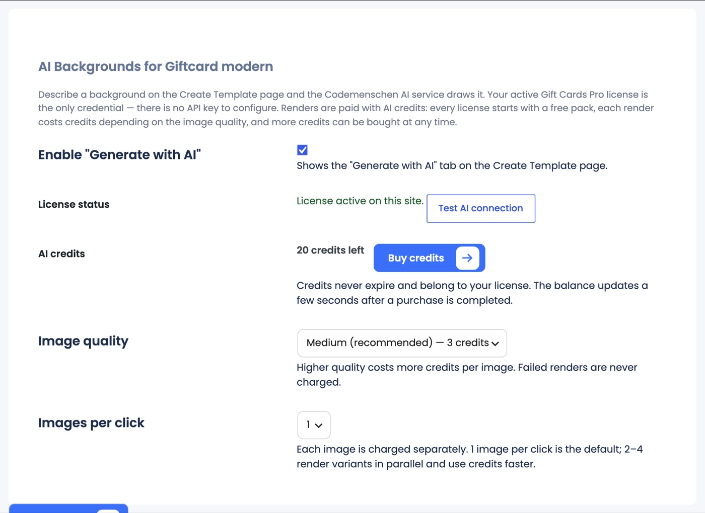 Settings → AI Backgrounds: enable the feature, license status, credit balance with Buy credits button, image quality and images per click
