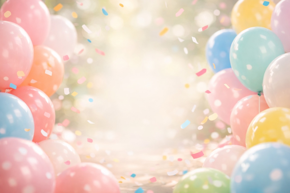 AI-generated gift card background: pastel balloons and confetti