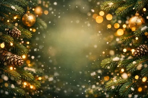 AI-generated gift card background: Christmas fir branches with golden baubles and snow