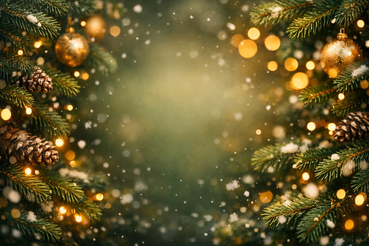 AI-generated gift card background: Christmas fir branches with golden baubles and snow
