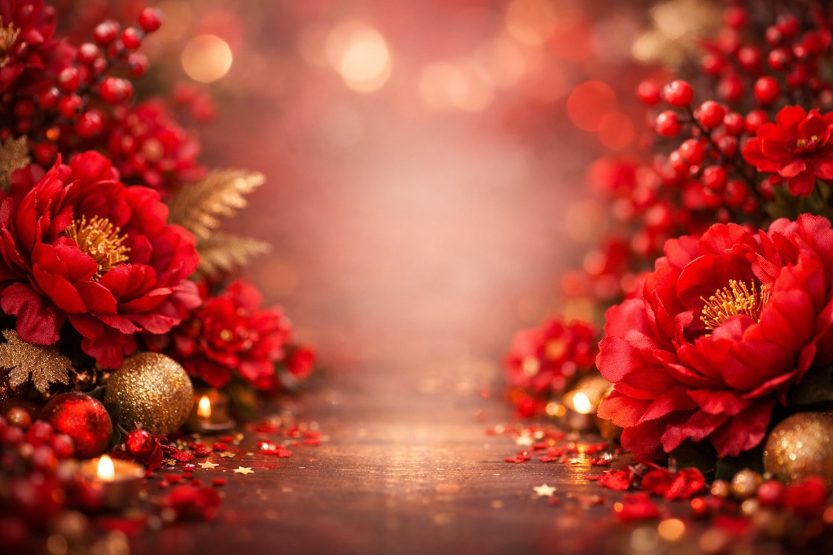 AI-generated gift card background: red peonies and berries with soft light