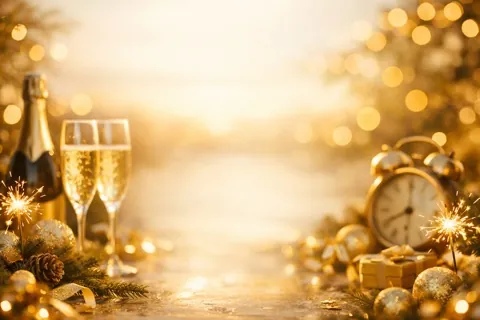 AI-generated gift card background: New Year's Eve with champagne and golden bokeh