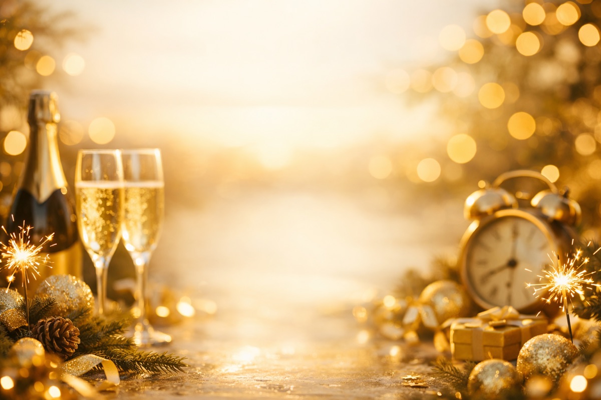 AI-generated gift card background: New Year's Eve with champagne and golden bokeh