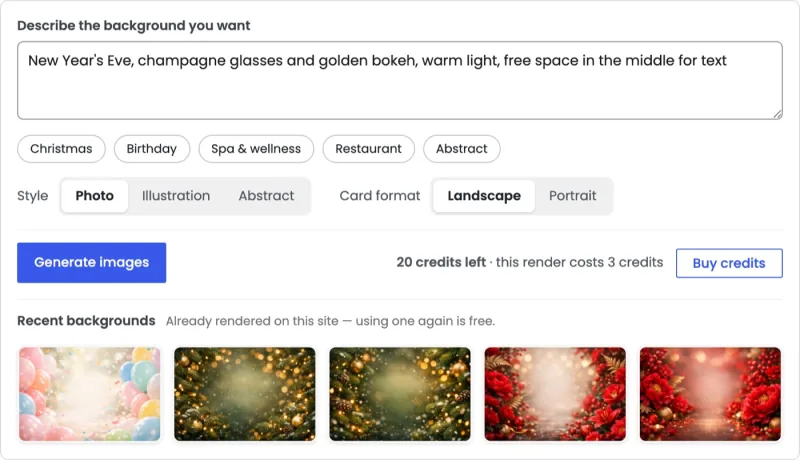 The Generate with AI panel of Gift Cards Pro: a description field, style and format switches, the Generate button with the credit balance, and a strip of recently rendered backgrounds