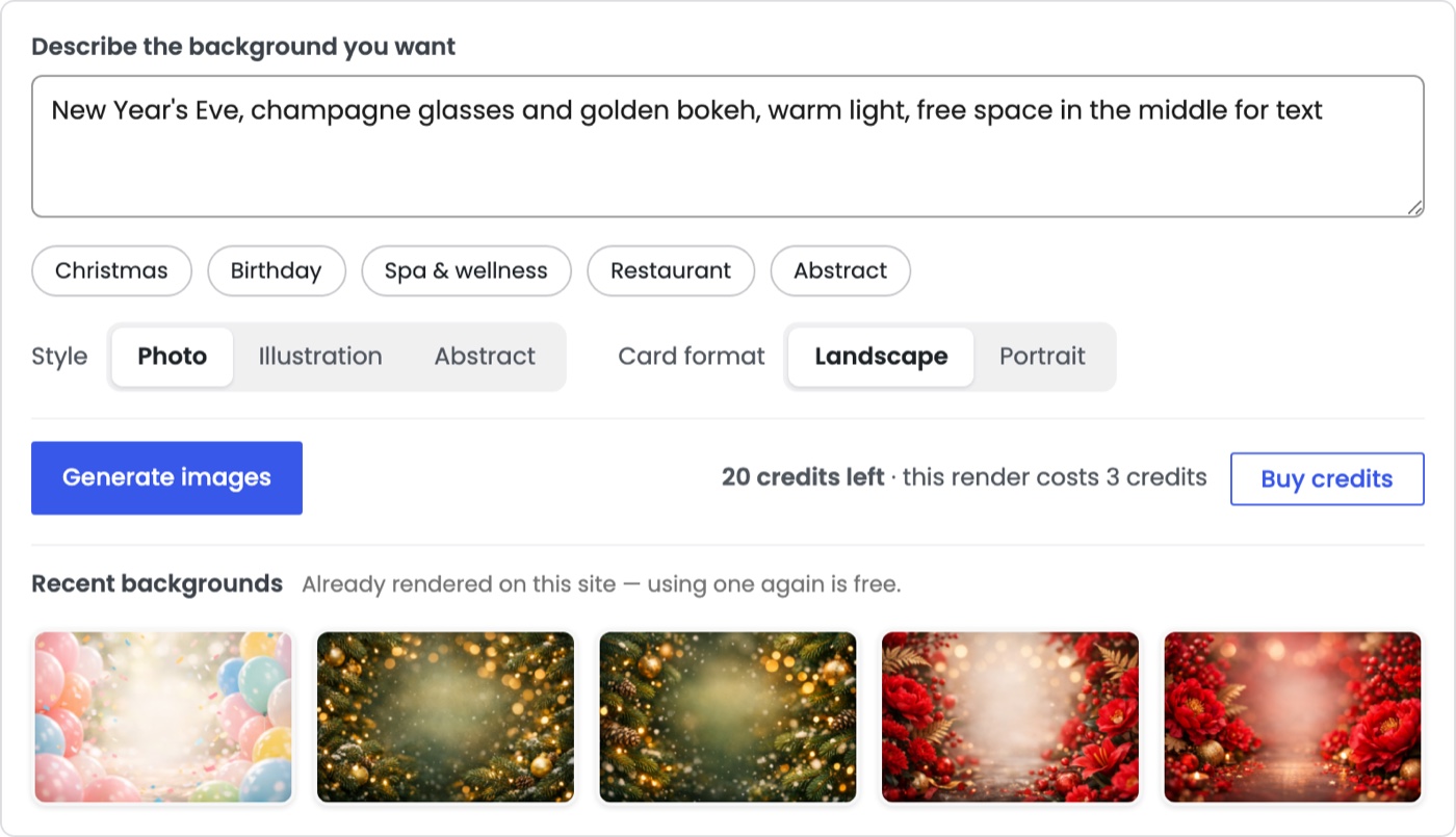 The Generate with AI panel of Gift Cards Pro: a description field, style and format switches, the Generate button with the credit balance, and a strip of recently rendered backgrounds